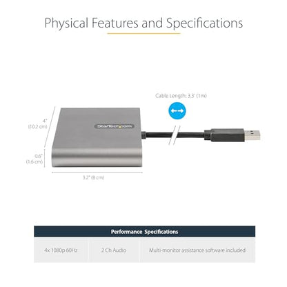 StarTech USB-A 3.0 to Quad HDMI Adapter, 1080p60, Windows, TAA (USB32HD4) - style: USB-A