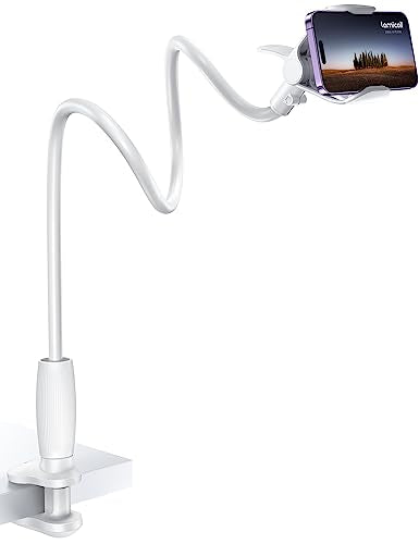 Lamicall Gooseneck Phone Holder for Bed - 360 Adjustable Clamp Clip, Overhead Cell Phone Mount Stand for Desk, Compatible with All Cellphone, White - color: Snow White