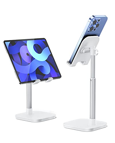 Cell Phone Stand, Adjustable Height Phone Stand for Desk, Eye Level Desktop Phone Holder Compatible with iPhone, Pro Max, Samsung, and All Mobile Phones up to 10'' - color: White
