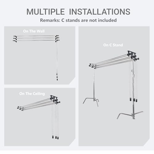 Photography Backdrop Roller Support System, 3 Rollers with Metal Chains, 120-inch Stainless Steel Crossbars, Wall/Celing/Light Stand Backdrop Mount, Background Support - color: Silver Metal Chains +120inch Crossbars