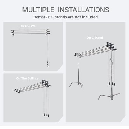 Photography Backdrop Roller Support System, 3 Rollers with Metal Chains, 120-inch Stainless Steel Crossbars, Wall/Celing/Light Stand Backdrop Mount, Background Support - color: Silver Metal Chains +120inch Crossbars