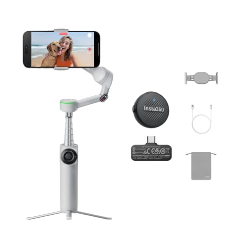 Insta360 Flow 2 Pro Mic Bundle Grey - Foldable AI Phone Gimbal, Track in 200+ iOS Apps, Multi-Person & 360 Pan Tracking, Built-in Tripod/Selfie Stick, iPhone/Android Stabilizer - color: Stone Grey - Mic Bundle