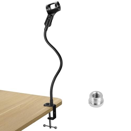 QWORK Gooseneck Microphone Stand 13 Inch, Clamp-On Desktop Mic Stand with 360° Flexible Arm, Heavy-Duty Desk Mount, 3/8" to 5/8" Adapter & Mic Clip for Podcasting, Streaming, Podium