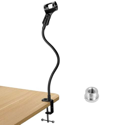 QWORK Gooseneck Microphone Stand 13 Inch, Clamp-On Desktop Mic Stand with 360° Flexible Arm, Heavy-Duty Desk Mount, 3/8" to 5/8" Adapter & Mic Clip for Podcasting, Streaming, Podium