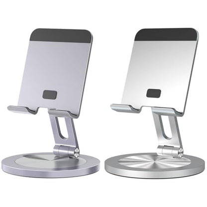 Phone Stand for Desk, 360° Rotating Dual Adjustable Foldable Holder, Heavy Solid All-Aluminum Base Anti-Slip Stable Support for Home Office Study, Fits iPhone Galaxy 4-8" Phones (Grey+Silver) - color: Grey+Silver