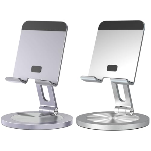 Phone Stand for Desk, 360° Rotating Dual Adjustable Foldable Holder, Heavy Solid All-Aluminum Base Anti-Slip Stable Support for Home Office Study, Fits iPhone Galaxy 4-8" Phones (Grey+Silver) - color: Grey+Silver