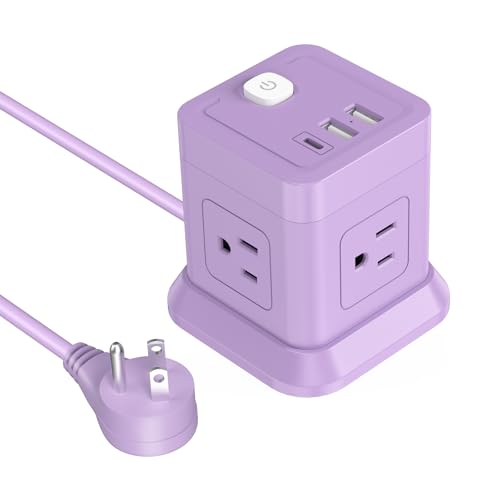 Cube Power Strip, FDTEK 4 Widely Spaced Outlet with 3 USB (1 USB C) Flat Plug Power Strips with Long Extension Cords Space Save Compact Portable for Travel Home Office Cruise ETL Listed (5FT Purple) - color: Purple, size: 5FT