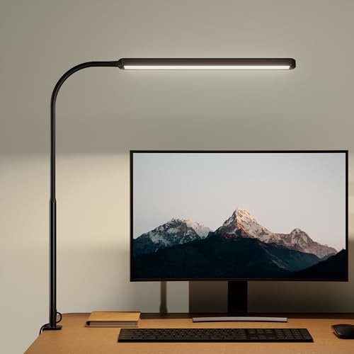 SUPERDANNY Eye-Caring LED Desk Lamp 360° Flexible Gooseneck Work Lamp with Desk Side Clamp Touch Control 3 Light Colors Smooth Dimming Task Lighting Reading Light for Home Office College Dorm, Black - color: Black, size: Clamp Mount
