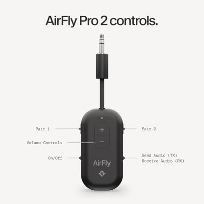 AirFly Pro 2 – Bluetooth Adapter for Airplane, Pair 2 AirPods or Wireless Headphones – 3.5mm AUX Bluetooth Transmitter and Receiver for Cars, Boats, Treadmills, TVs– Airplane Travel Essentials, Black - color: Black, style: AirFly Pro 2