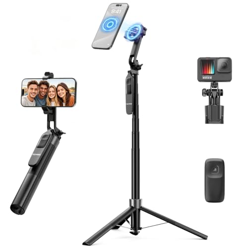 TechRise 71" Phone Tripod, 3-in-1 Clamp & MagSafe Magnetic Selfie Stick with Bluetooth Remote, Auto Extend Phone Stand, Compatible with iPhone 17 Series, Sony, Canon Cameras, Lightweight Travel Design