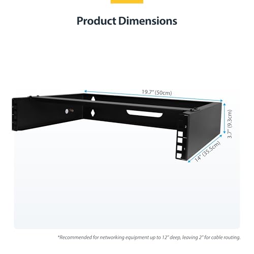 StarTech 2U 19in Wall-Mount Network Rack, 14in, 77lb (RACK-2U-14-BRACKET) | Low-profile shallow rack, M6 screws and cage nuts, Fits gear up to 12in deep, Rear cable slot, Steel - size: 2U