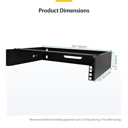 StarTech 2U 19in Wall-Mount Network Rack, 14in, 77lb (RACK-2U-14-BRACKET) | Low-profile shallow rack, M6 screws and cage nuts, Fits gear up to 12in deep, Rear cable slot, Steel - size: 2U