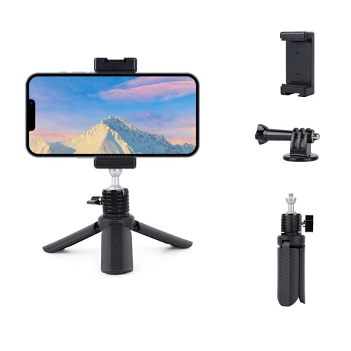 Mini Tripod with 360°Ball Head & Phone Mount, Portable Travel Tabletop Tripod, Selfie Stick Handle Grip with 1/4" Screw, Mini Vlog Tri pod for D Jl Pocket 3/Go Pro 13/iPhone/Android (SJ015)