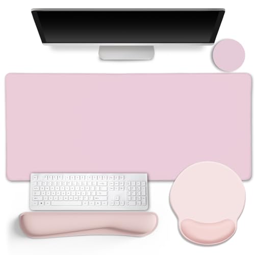 LIMKRIAN Pink Desk Mat Set, Mouse Pad with Wrist Rest & Keyboard Support | XXL Desk Pad, Ergonomic Gel Wrist Rest Mousepad, Memory Foam Keyboard Support, Coaster, Home Office Gaming Desk Accessories - color: XXL-03 Blush Pink