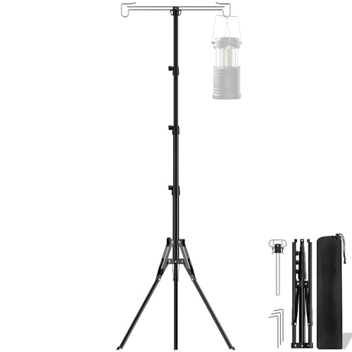 Telescopic Height Adjustable Camping Lantern Tripod Stand | 2-Hook Lantern / Light Hanger Holder for Outdoor Camping Tent RV, Night Fishing & Patio - size: 5ft 1"
