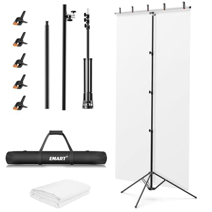 EMART White Photo Backdrop with Stand Kit 10x5ft, Photography White Background Screen with Portable T-Shape Support and 5 Clamps for Video Recording, Meetings, Self Tape - size: 5x10ft