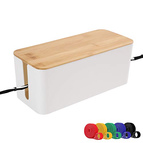 PowerKing Cable Management Boxes Organizer, Bamboo Lid, Large Storage Wires Keeper Holder for Desk, TV, Computer, USB Hub, System to Cover and Hide & Power Strips & Cords (Ice White) - color: White