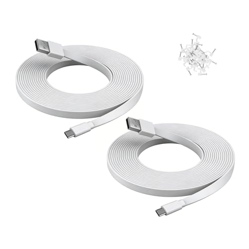 2 Pack 25 ft USB C Cable for Security Camera Outdoor Indoor, Type-C Extension Charging Cord Flat, Waterproof, with Wire Clips - color: White