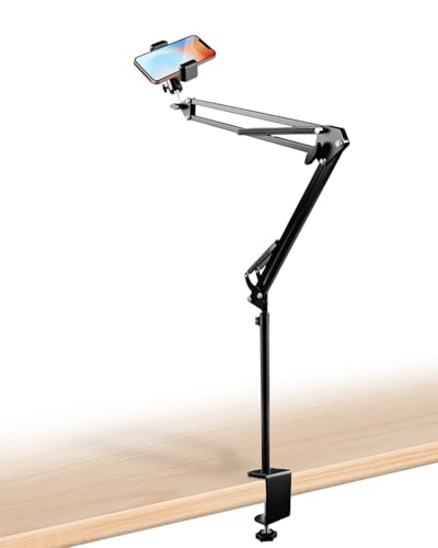 Overhead Phone Mount with Adjustable Arm and Desk Clamp, Camera Desk Mount Fit for DSLR iPhone Webcam Ring Light, Phone Holder Fit for YouTube TikTok Photography Video Recording