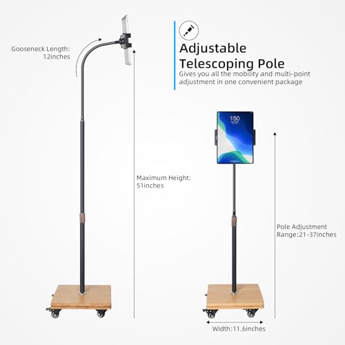 wishacc Tablet Floor Stand for Bed - Gooseneck Tablet Holder Mount with Adjustable Height and 4 Wheels, Compatible with iPad mini Air Pro 12.9/9.7, Galaxy Tab, Kindle, Cell Phones (4.7"-13") - size: 11.6 x 11.6 inches