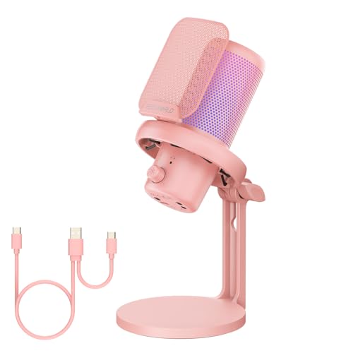 FEELWORLD VM1 Pink Gaming PC USB Microphone Condenser Mic with Noise Cancellation Mute RGB Light, Computer Accessories Gifts for Gamer YouTube Twitch Podcast Streaming Recording Online Chat PS4 PS5 - color: Pink