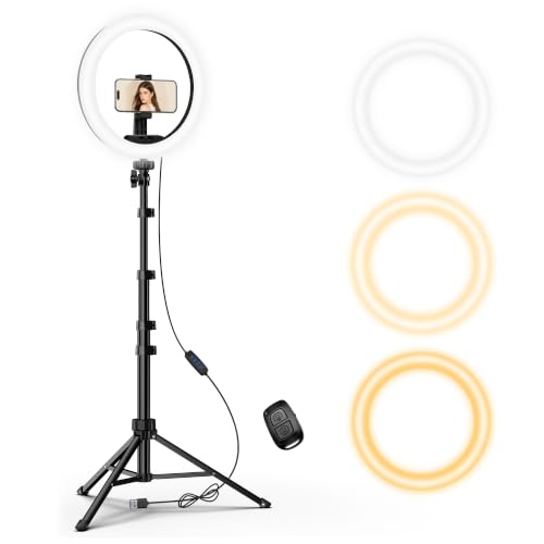 12" Ring Light with 62" Tripod Stand, Ring Light for Phone with Remote | 3 color lighting, 10 brightness levels, 180° Tilt, 360° Rotation, Cold Shoe, 1/4" Mount, Fits 2.2–3.5 in phones - color: Black, size: 10in