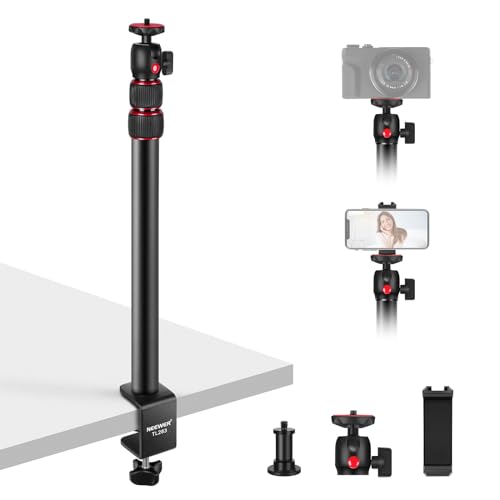 NEEWER Camera Desk Mount with Holder & 360° Ball Head, 17"-40"/43-102cm Telescopic C Clamp Table Light Stand 1/4" Screw, Desktop Stand 6.6lb/3kg Max Load for DSLR Camera, Webcam, Ring Light,TL283 - style: TL283 Red w/Phone Holder