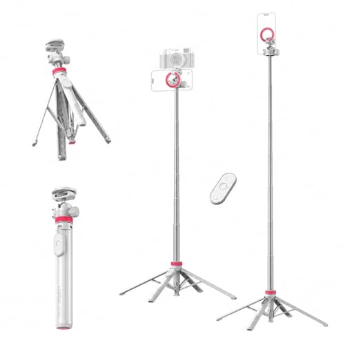 ULANZI MT44M Auto Open Magnetic Phone Tripod, 59" Selfie Stick Tripod Stand w Remote, 2-in-1 Dual Mount&1/4" Screw for Phone&Camera, 360°Ball Head for iPhone Android, Vlogging, Live Streaming, White - color: White