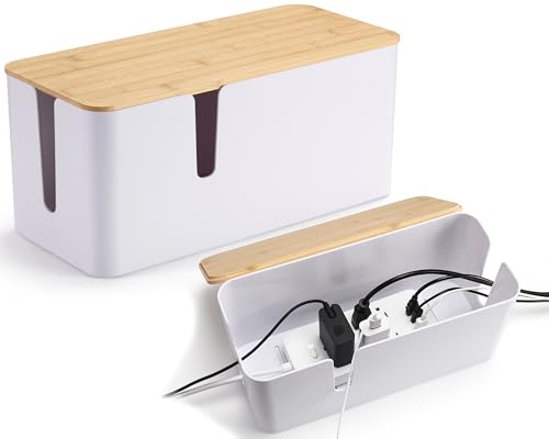 ZhiYo Cable Management Box, Power Strip Organizer, 2 Pack (L & XL), White | Fits Power Strips Up to 13.4" Long, Natural Bamboo Lid, Extra-Tall Design for Oversized Adapters, Ideal for Desks, TV Areas - color: White, size: Extra Large + Large