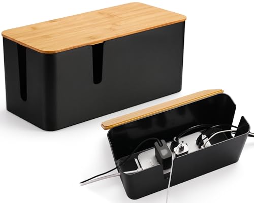 ZhiYo 2 Pack Cable Management Box, Large & XL, Power Strip Organizer, Black | Extra-Tall Design for Oversized Adapters, Fits Power Strips Up to 13.4" Long, Natural Bamboo Lid, Ideal for Desks, TV Areas - color: Black, size: Extra Large + Large