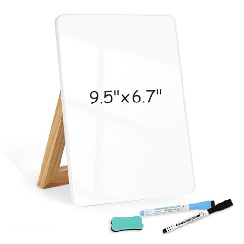 WALGLASS Desktop Glass White Board 9.5"x 6.7" with Reversible Wood Stand, Small Dry Erase Board, Portable Whiteboard for Desk, Reusable Desk Notepad with 2 Markers&Eraser for Home, Office - color: Stand-white