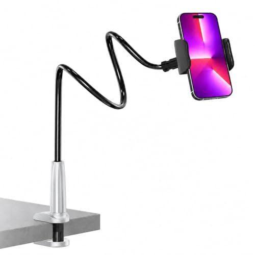 MAGIPEA Gooseneck Phone Holder for Bed, Flexible Overhead Cell Phone Mount for Desk, Hands-Free Viewing Clamp Stand Compatible with iPhone 17 16 15 Pro Max and 3.5-7" Devices, Silver - color: Silver, size: 30in