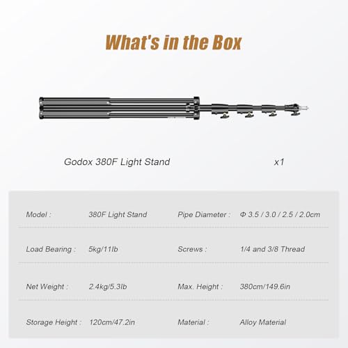 Godox 380F Heavy Duty Light Stand 150in/12.6' Tripod Stand Adjustable 110cm-380cm Spring Cushioned Photography Light Stand with 1/4” to 3/8” Screw Adapter for Strobe,LED Video Light,Monolight, Softbox - size: 150in