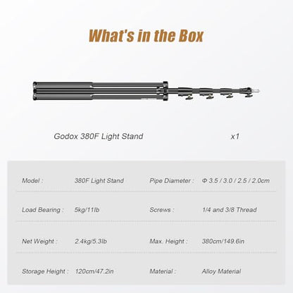 Godox 380F Heavy Duty Light Stand 150in/12.6' Tripod Stand Adjustable 110cm-380cm Spring Cushioned Photography Light Stand with 1/4” to 3/8” Screw Adapter for Strobe,LED Video Light,Monolight, Softbox - size: 150in