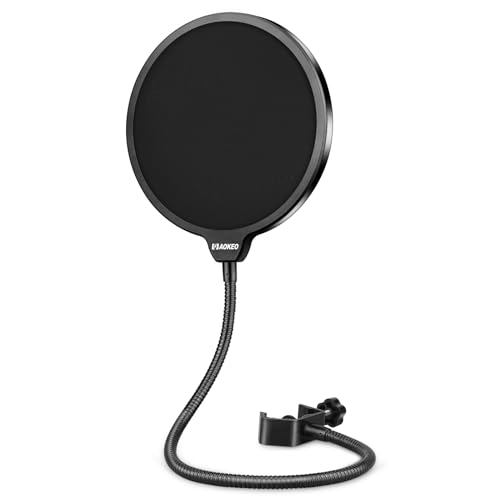 Aokeo Professional Microphone Pop Filter Mask Shield For Blue Yeti and Any Other Microphone,Mic Dual Layered Wind Pop Screen With Flexible 360° Gooseneck Clip Stabilizing Arm - color: black
