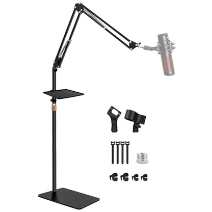 BILIONE Microphone Stand with Weighted Base, Mic Floor Stand Boom Arm with Mic Accessory Tray, Microphone Clip Holder, 3/8" to 5/8" Screw Adapter, Cable Ties