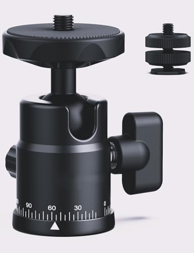 Mini Ball Head Tripod Mount for Camera, 360° Rotating Panoramic Head w Dual Hot Shoe Cold Shoe Adapter, 1/4" Thread for DSLR Mirrorless Phone Action Cam Flash Mic Monitor Light, 5.5 Lbs Max Load