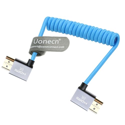Uonecn Right Angle HDMI 2.1 Cable for Camera, 48Gbps 8K Braided Coiled HDMI for Atomos Ninja V, Portkeys BM5, Short HDMI Cable for Sony A7iv, Z-CAM F6, Z-Cam E2 Pro Cameras, Blue, Left to Right - color: Blue, size: Left Angle to Right Angle