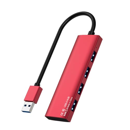 USB 3.0 Hub, Aluminum Alloy 4-Port Multiple USB A Splitter, Plug and Play USB Extender Hub for Laptop/PC/Desktop, Keyboard, Flash Drive, U Disk, Printer, Xbox, HDD and More (Not a Charger) - color: Red-Aluminum Alloy