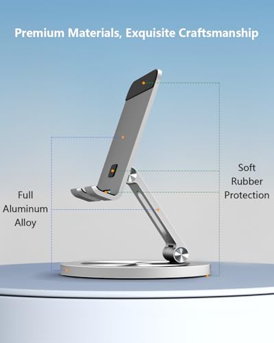 Phone Stand for Desk, 360° Rotating Dual Adjustable Foldable Holder, Heavy Solid All-Aluminum Base Anti-Slip Stable Support for Home Office Study, Fits iPhone Galaxy 4-8" Phones (Silver) - color: Silver