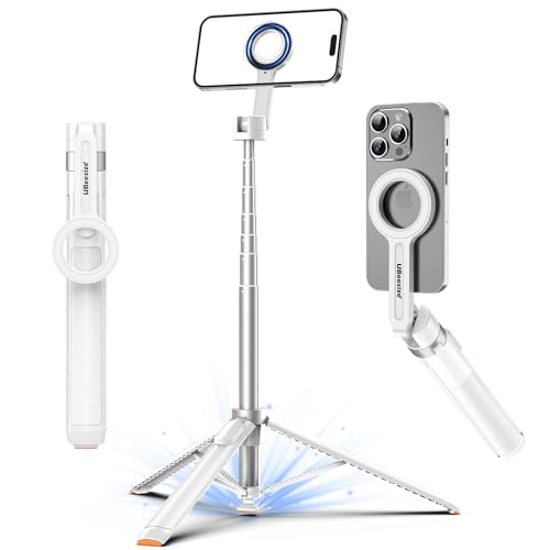 UBeesize 70" Auto-Open Magnetic Tripod for iPhone, MagSafe Selfie Stick with Remote, Portable Phone Stand for Recording, Travel and Vlogging, Compatible with iPhone/Android (White) - color: White