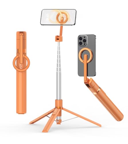 TONEOF 68" Magnetic Selfie Stick Tripod with Aluminum Strong Magnetic Holder for Magsafe, 360° Rotatable Travel Phone Tripod Stand with Metal Ring & Rechargeable Remote for iPhone/Android（Orange） - color: Orange
