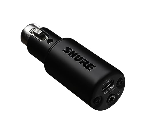 Shure MVX2U XLR-to-USB Digital Audio Interface, Headphone Jack, 60dB Gain, Zero-Latency Monitoring, 48V Phantom Power, ShurePlus App, USB-C Cable