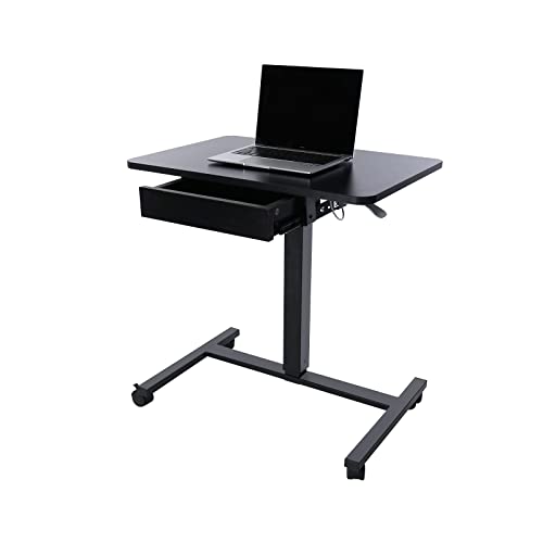 CLATINA Mobile Laptop Standing Desk, Height Adjustable Teacher Podium with Lockable Wheels, Adjustable Work Table with Drawer, Computer Cart Overbed Table for Home, Office, Classroom, Black - color: Black, size: With Drawer
