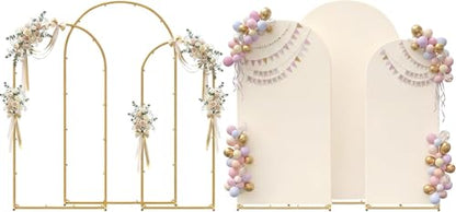 Toolterritary Set of 3 Metal Arch Backdrop Stand with Cover Set, (8FT, 7.2FT, 6.6FT Wedding Arch and Cover Set), Backdrop Arch for Party, Baby Shower, Birthday, and Graduation Ceremony - color: Beige, size: 8ft+7.2ft+6.6ft