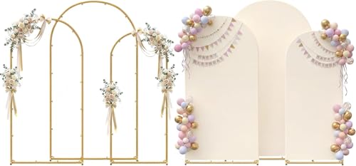 Toolterritary Set of 3 Metal Arch Backdrop Stand with Cover Set, (8FT, 7.2FT, 6.6FT Wedding Arch and Cover Set), Backdrop Arch for Party, Baby Shower, Birthday, and Graduation Ceremony - color: Beige, size: 8ft+7.2ft+6.6ft