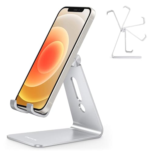 OMOTON Phone Holder, Multi-Angle Adjustable Desk Phone Holder, Aluminum Cell Phone Holder Compatible with iPhone 13 Pro/13/12 Pro Max/12/11 Pro/XR, Samsung S20/S10/S9, Silver