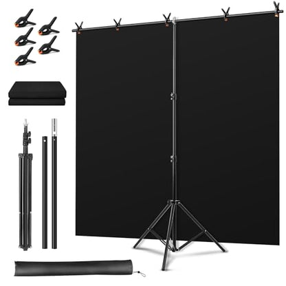 Black Screen Backdrop Kit, Portable Blackscreen Background with T-Shaped Stand, 5 Clamps & Carrying Bag for Photography, Streaming, Zoom, Gaming, (Black, 6.5 Feet X 5.0 Feet) - color: 78×59IN Black