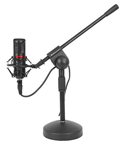 Rockville RDMS70 Desktop Mic Stand with Boom, Steel Base, Adjustable Height | Weighted Round Base, Low Profile, Powder Coated, 3/8 Thread, Anti-Slip Rubber Pad, 13.8in Boom Arm, Scratch-Resistant