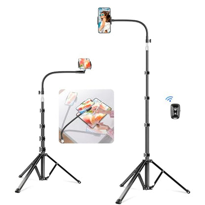 elitehood 80” Tall Phone Stand Tripod, Floor Phone Recording Holder, Heavy Duty Adjustable iPhone Tripod Stand Compatible with iPhone 15 14 13 12 - style: Flexible Arm with 360° Horizontal Rotation
